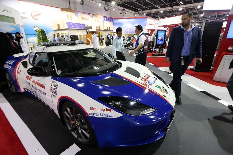 The Lotus Evora ambulance, here on display at the Gitex Technology Week at Dubai World Trade Centre, is capable of reaching speeds up to 260kph. Pawan Singh / The National
