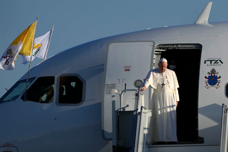 Pope Francis arrives at the airport in Larnaca, Cyprus. AP