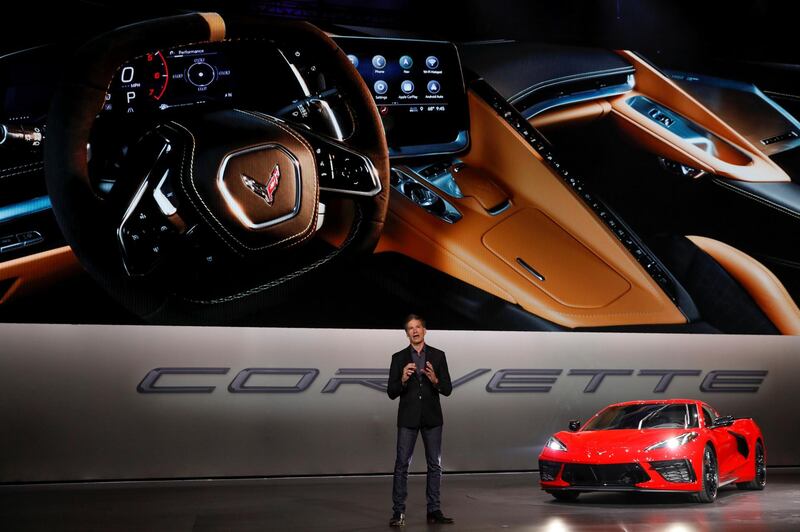 Tadge Juechter, Corvette executive chief engineer, introduces the 2020 mid-engine C8 Corvette Stingray by GM during a news conference on July 18, 2019 in Tustin, California. Reuters
