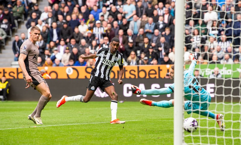 Alexander Isak of Newcastle United scores their third goal against Tottenham Hotspur in the 4-0 Premier League victory at St James' Park on April 13, 2024. EPA