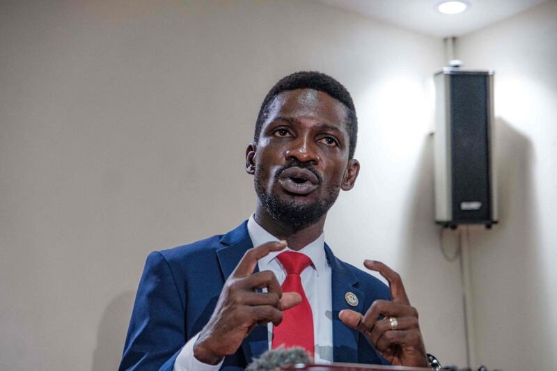 Musician turned politician Robert Kyagulanyi, aka Bobi Wine, also a presidential candidate in the upcoming elections, speaks during a press conference in Kampala, Uganda, on January 12, 2021. AFP