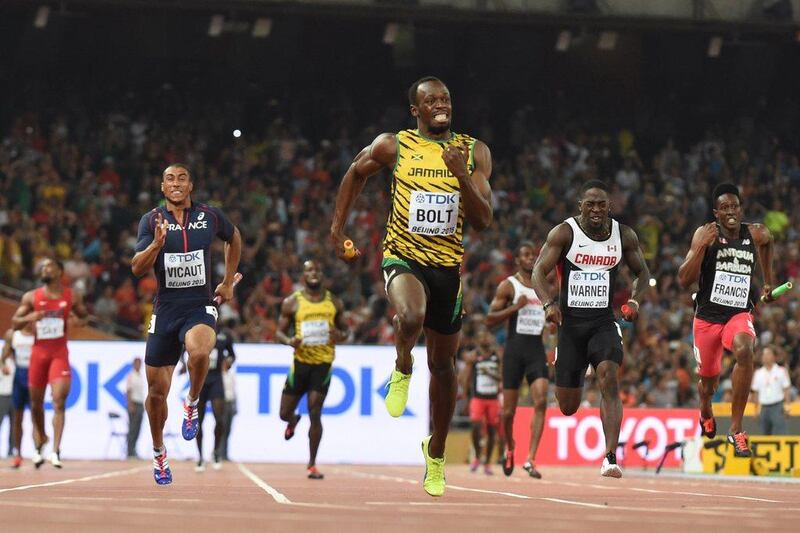 Jamaica's Usain Bolt crosses the finish line to win the men's 4x100 metres relay. Olivier Morin / AFP