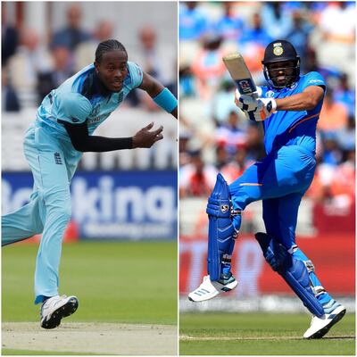 England bowler Jofra Archer, left, and India batsman Rohit Sharma. Getty Images