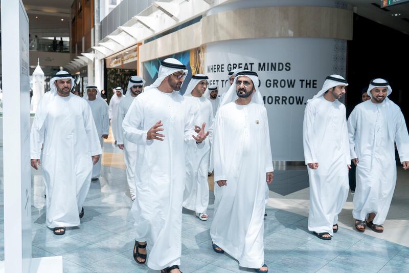 DUBAI, UNITED ARAB EMIRATES -September 17, 2017: HH Sheikh Mohamed bin Zayed Al Nahyan Crown Prince of Abu Dhabi Deputy Supreme Commander of the UAE Armed Forces (L) and HH Sheikh Mohamed bin Rashid Al Maktoum, Vice-President, Prime Minister of the UAE, Ruler of Dubai and Minister of Defence (2nd L), visit Dubai Model for Government Services at Emirates Tower. Seen with HH Sheikh Hamdan bin Mohamed Al Maktoum, Crown Prince of Dubai (3rd L).

( Rashed Al Mansoori / Crown Prince Court - Abu Dhabi )
---