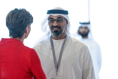 Sheikh Khalid bin Mohamed bin Zayed, who is overseeing the Ghadan programme, speaks to CNN's Becky Anderson as Abu Dhabi signs a partnership with the XPrize Foundation in March 2019. Victor Besa / The National