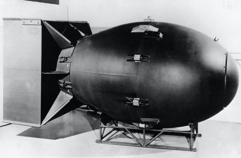 An atomic bomb of the type nicknamed "Fat man" that was dropped by a US Army Air Force B-29 bomber on August 9, 1945 over Nagasaki, Japan is seen in this undated file photo released by the Los Alamos Scientific Laboratory. (Photo by - / LOS ALAMOS SCIENTIFIC LABORATORY / AFP)