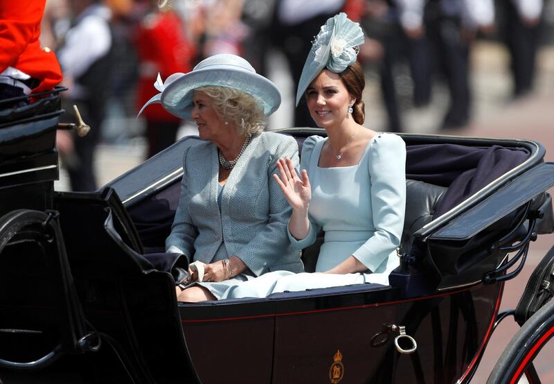 Britain's Camilla, Duchess of Cornwall, and Catherine, Duchess of Cambridge, take part in the Trooping the Colour parade in central London, Britain. REUTERS / Peter Nicholls