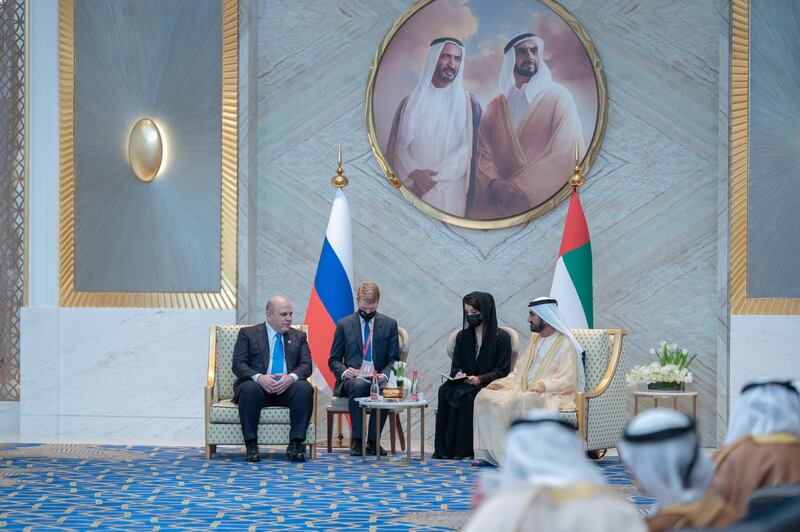 Sheikh Mohammed bin Rashid, Vice President and Ruler of Dubai, received Russian Prime Minister Mikhail Mishustin at Expo 2020 Dubai on Saturday. Photos: Dubai Media Office.