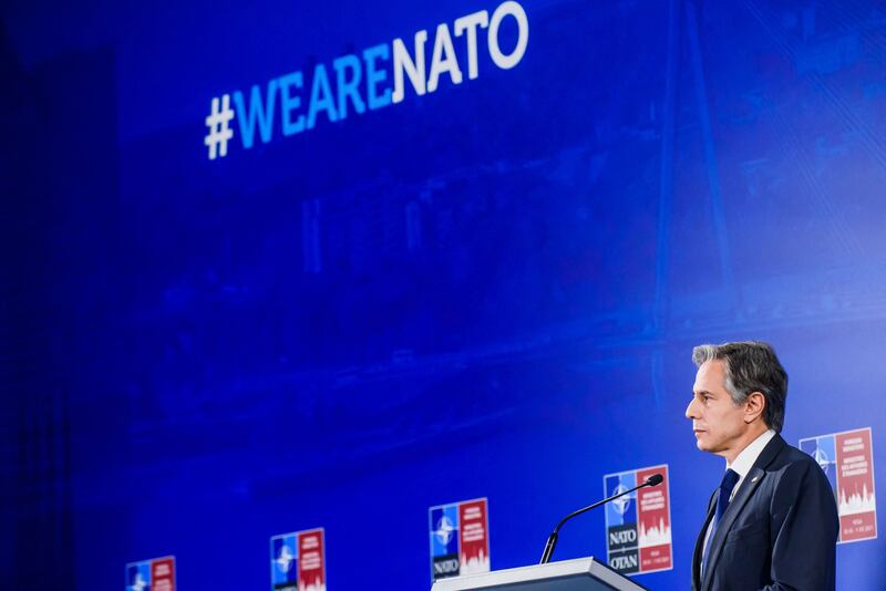 US Secretary of State Antony Blinken addresses a press conference at the Nato Foreign Ministers meeting in Riga, Latvia. AFP