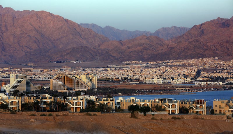 The Israeli resort city of Eilat and the Jordanian city of Aqaba in the background. AFP