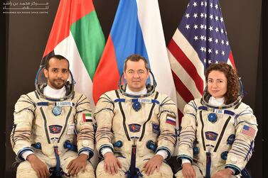 The prime crew: Emirati astronaut Hazza Al Mansouri, Roscosmos commander Oleg Skripochka and American Nasa astronaut, Jessica Meir. Courtesy Dubai Media Office