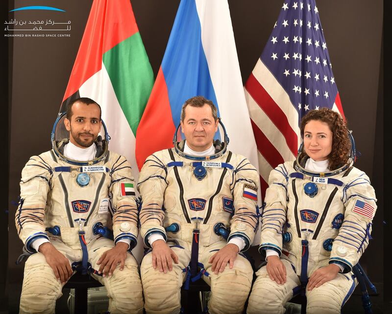 The prime crew: Emirati astronaut Hazza Al Mansouri, Roscosmos commander Oleg Skripochka and American Nasa astronaut, Jessica Meir. Courtesy Dubai Media Office