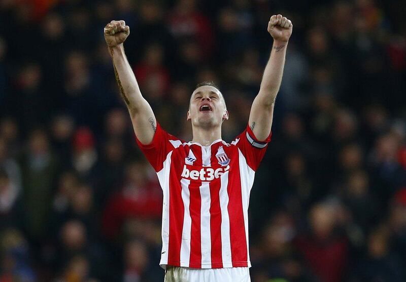 Stoke City's captain Ryan Shawcross celebrates at the final whistle after his side's 3-2 victory over Arsenal at the Britannia Stadium in the Premier League on Saturday. Eddie Keogh / Reuters