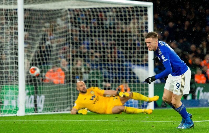 Jamie Vardy celebrates after scoring the third goal. EPA