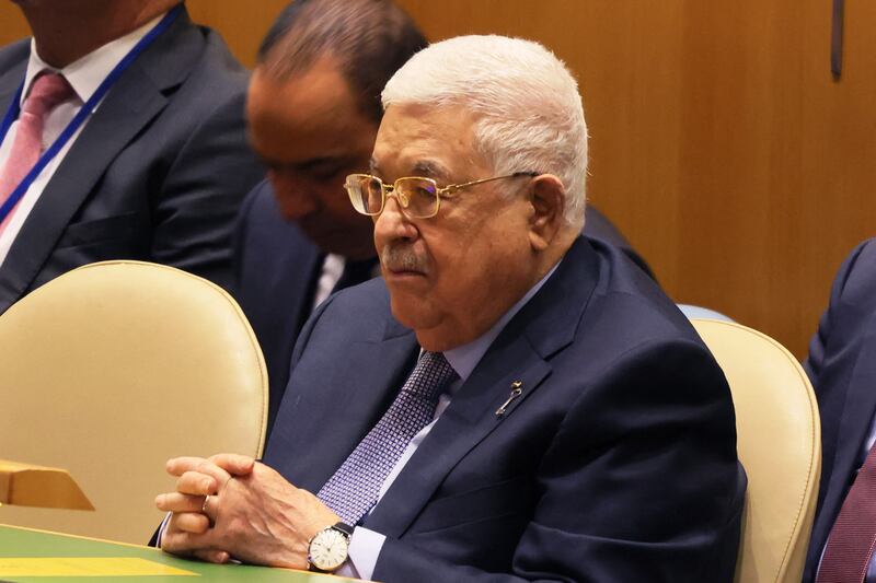 Palestinian President Mahmoud Abbas attends an observation of the 75th anniversary of the Nakba at the UN in New York, on May 15. AFP