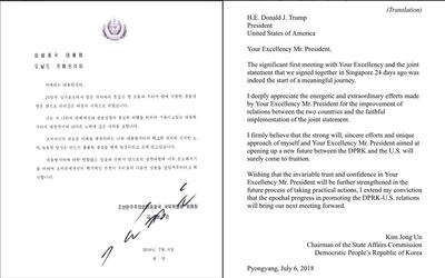 (COMBO): This combination of pictures created July 12, 2018 shows the letter dated July 6, 2018 from North Korea's leader Kim Jong Un to US President Donald Trump (in Korean at left and English translation at right), released July 12, 2018 by Trump via Twitter, in which Kim Jong Un voices confidence in efforts to end their nuclear standoff, while calling on his US counterpart to take "practical actions" to build trust.
   "A very nice note from Chairman Kim of North Korea," Trump tweeted alongside a copy of the letter dated July 6 -- the day that US Secretary of State Mike Pompeo landed in Pyongyang for what turned out to be difficult talks with Kim's regime. In the letter Kim describes his June 12 summit with Trump in Singapore, and the resulting joint statement agreed by both sides, as the "start of a meaningful journey." / AFP / Douglas CURRAN
