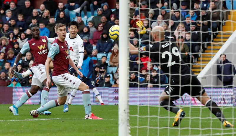 Aston Villa keeper Pepe Reina saves from Son Heung-min. Reuters