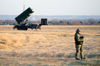 Patriot missiles are positioned beside Rzeszow-Jasionka Airport in south-western Poland near the Ukraine border. AP