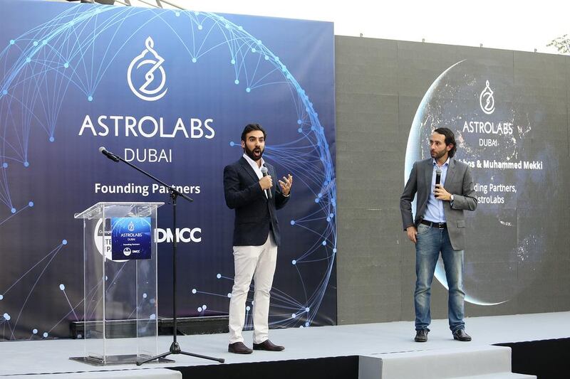 AstroLabs founding partners Muhammed Mekki, left, and Louis Lebbos during the official launch of AstroLabs Dubai last month. Sarah Dea / The National