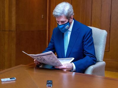 Abu Dhabi, United Arab Emirates, April 4, 2021.  Interview with US Special Presidential Envoy for Climate, John Kerry by Mina Al-Oraibi, editor-in-chief of The National.Victor Besa/The NationalSection:  NA