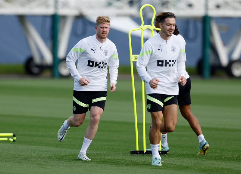City's Kevin De Bruyne and Jack Grealish during training. Reuters