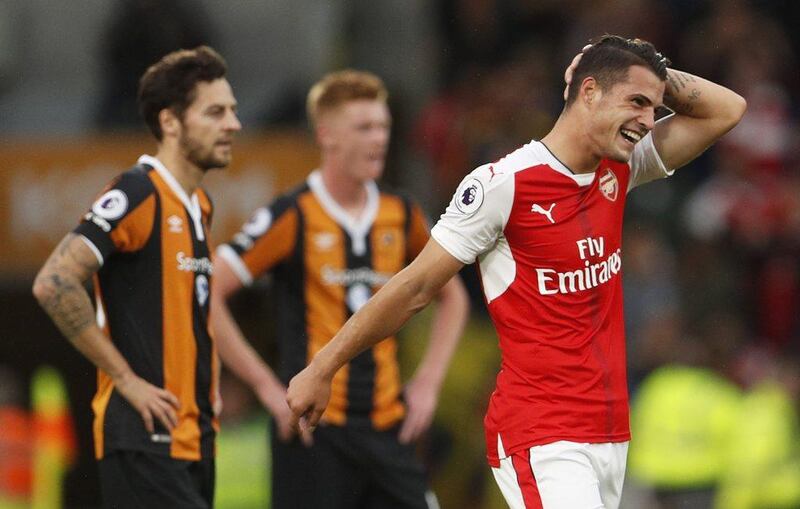 Arsenal's Granit Xhaka smiles after scoring against Hull City last weekend. Lee Smith / Action Images / Reuters / September 17, 2016