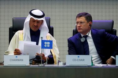 Saudi energy minister Prince Abdulaziz bin Salman, left, with Russia's Deputy Prime Minister Alexander Novak at an Opec+ meeting in Vienna. Reuters