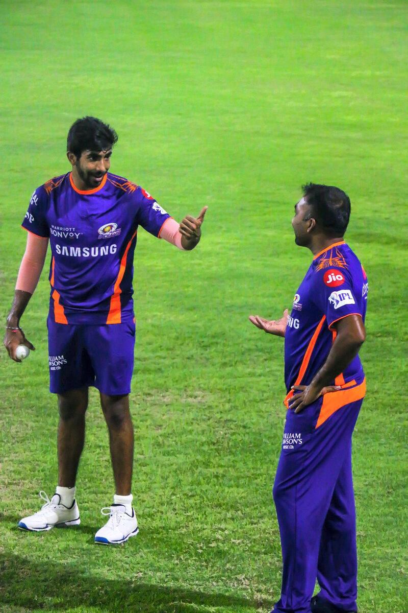 Jasprit Bumrah and Mahela Jayawardene. Courtesy Abu Dhabi Cricket