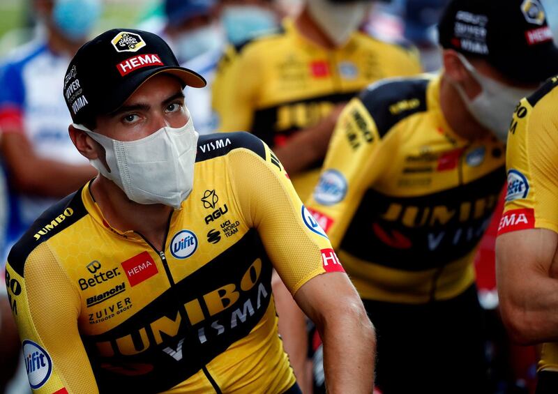 epa08629955 Dutch rider Tom Dumoulin of Team Jumbo-Visma attends the team's presentation two days ahead of the 107th edition of the Tour de France cycling race in Nice, France, 27 August 2020. The 107th edition of the Tour de France will start in Nice, southern France on 29 August 2020.  EPA/SEBASTIEN NOGIER