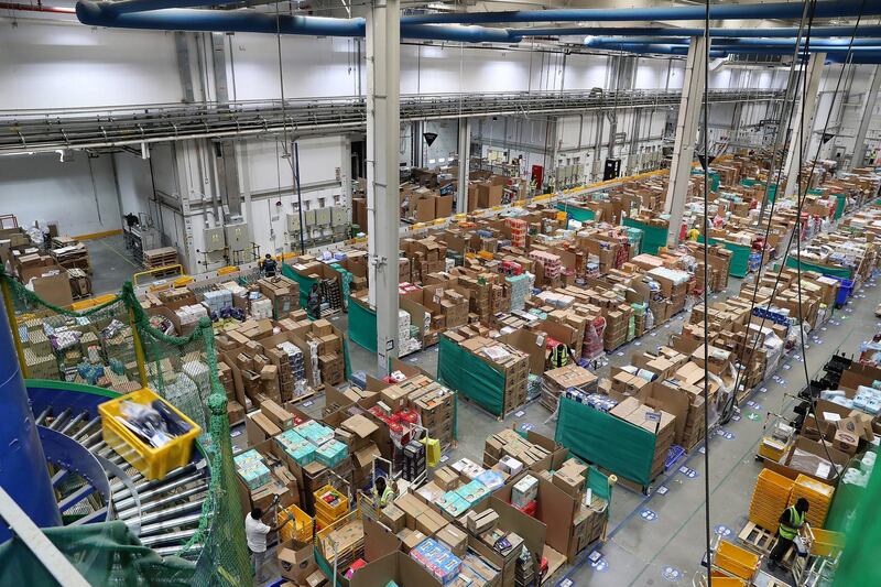 DUBAI, UNITED ARAB EMIRATES , March 18, 2021 –  Inside view of the Amazon DXB3,  Amazon fulfilment centre in Dubai Logistics City in Dubai. (Pawan Singh / The National) For Lifestyle/Online/Instagram. Story by Farah
