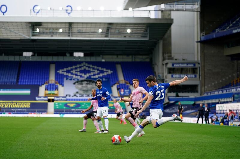 Everton's Seamus Coleman passes the ball at Goodison Park. AP