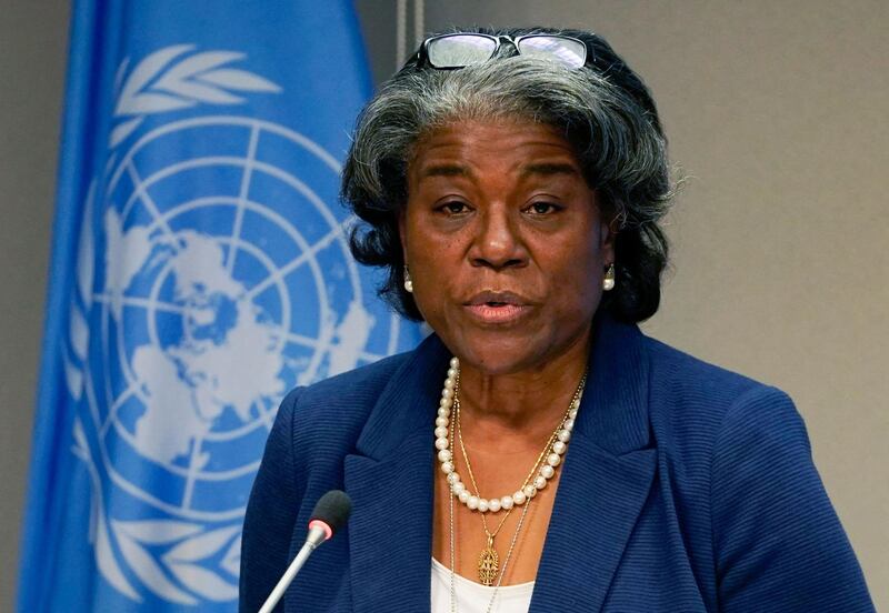 (FILES) In this file photo US ambassador to the United Nations, Linda Thomas-Greenfield, and President of the Security Council speaks during a press conference for the Security Council programme of work in March at the UN Headquarters in New York on March 1, 2021. The moment has come for "inclusive, representative" government in Sudan, the US ambassador to the UN said on March 9, 2021, calling for "comprehensive and sustainable peace" in the African nation. Six months after the Juba peace agreement between the civilian-led transitional government and rebel groups was signed, "the Sudanese people have not seen the commitment and engagement by signatory parties necessary for progress," Linda Thomas-Greenfield said during a United Nations Security Council videoconference.   / AFP / TIMOTHY A. CLARY
