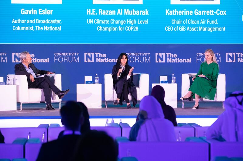 From left, Gavin Esler, Razan Al Mubarak, UN climate change high-level champion for Cop28 and Katherine Garrett-Cox, chairwoman of Clean Air Fund and chief executive of GIB Asset Management at the forum