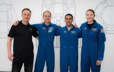 From left, Crew-3 astronauts Matthias Maurer, Thomas Marshburn, Raja Chari and Kayla Barron at SpaceX headquarters in Hawthorne, California. AFP