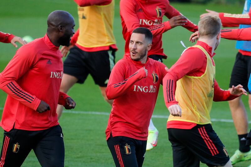 Belgium's Eden Hazard, centre, and Romelu Lukaku during a training session ahead of their  Nations League semi-final against France on October 7 in Turin. EPA