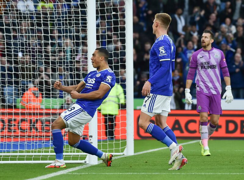 Youri Tielemans celebrates after scoring the penalty against Newcastle. AP