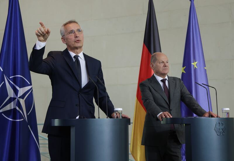 German Chancellor Olaf Scholz, right, and Nato Secretary General Jens Stoltenberg in Berlin on June 19. The Nato alliance will hold its annual summit next week in Lithuania. Getty