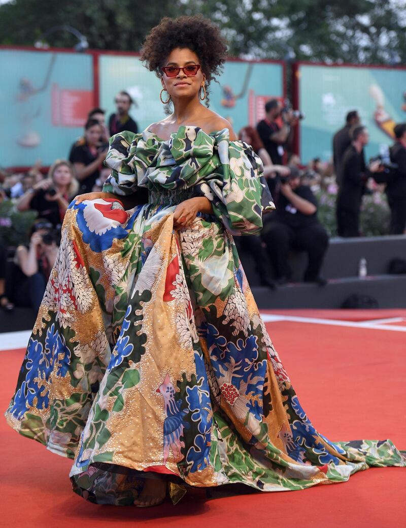 Zazie Beetz arrives in Valentino at the screening of 'Joker' during the 76th Venice Film Festival on August 31, 2019. AFP