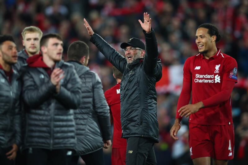 Liverpool manager Jurgen Klopp celebrates his sides victory in the Uefa Champions League semi-final against Barcelona at Anfield. Getty.