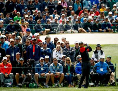 Tiger Woods hits a drive on the third hole during the fourth round at the Masters golf tournament Sunday, April 8, 2018, in Augusta, Ga. (AP Photo/Charlie Riedel)