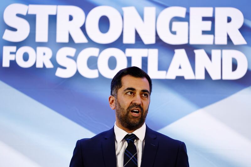 Humza Yousaf speaks after being elected as the new SNP party and Scotland leader, at Murrayfield in Edinburgh. Getty