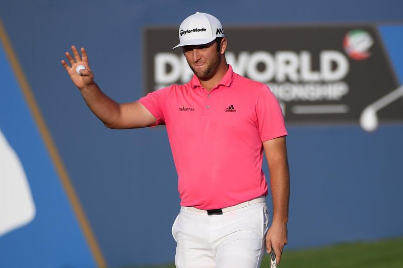 DUBAI, UNITED ARAB EMIRATES - NOVEMBER 18:  Jon Rahm of Spain reacts on the 18th green during the third round of the DP World Tour Championship at Jumeirah Golf Estates on November 18, 2017 in Dubai, United Arab Emirates.  (Photo by Ross Kinnaird/Getty Images)