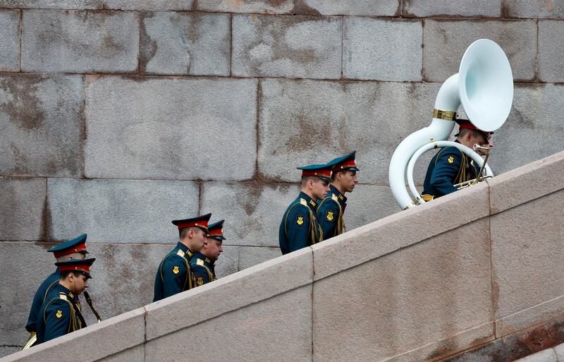 Members of a Russian military band before a rehearsal for a parade, which marks the anniversary of the victory over Nazi Germany in the Second World War, in central Moscow. Reuters