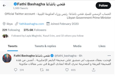 Newly-appointed Libyan Prime Minister Fathi Bashagha claimed in a tweet on his official and verified account that 'The Times' op-ed was 'fake news'. Photo: Fathi Bashagha Twitter