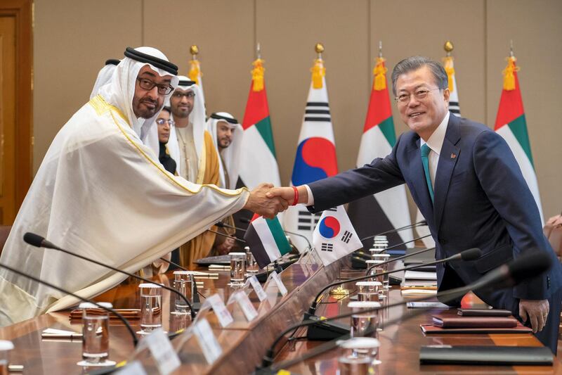 SEOUL, REPUBLIC OF KOREA (SOUTH KOREA) - February 27, 2019: HH Sheikh Mohamed bin Zayed Al Nahyan, Crown Prince of Abu Dhabi and Deputy Supreme Commander of the UAE Armed Forces (L) greets HE Moon Jae-In, President of South Korea (R), during a meeting at the Blue House. 

( Ryan Carter / Ministry of Presidential Affairs )
---