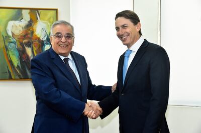 Lebanese Foreign Minister Abdullah Abi Habib (L) meets Amos Hochstein in Beirut. AFP