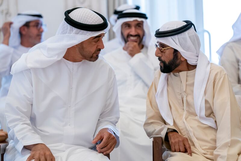 Sheikh Mohamed bin Zayed, Crown Prince of Abu Dhabi and Deputy Supreme Commander of the Armed Forces, and Sheikh Tahnoun bin Mohamed, Ruler's Representative in Al Ain Region.