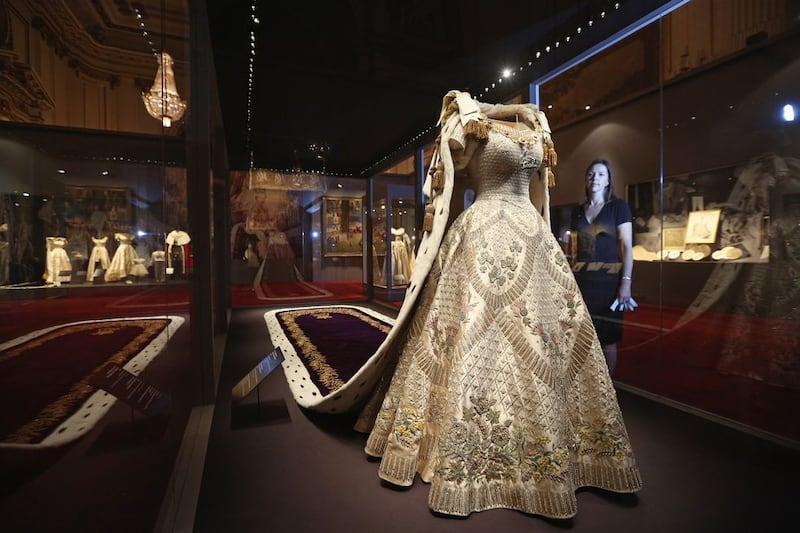 The queen's coronation gown and the Robe of the Estate, on display at Buckingham Palace in 2013. Photo: The Royal Collections
