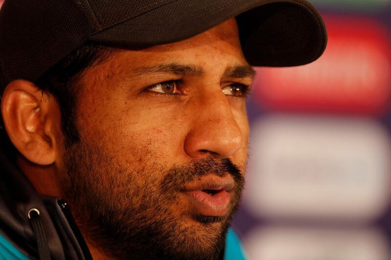 Pakistan's captain Sarfaraz Ahmed addresses media representatives during a press conference at Lords Cricket Ground in London on June 22, 2019, ahead of Pakistan's next 2019 Cricket World Cup match against South Africa. / AFP / Adrian DENNIS
