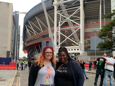 Heather Scheftel, 42, and Lorraine Mullings, 41, outside of Principality Stadium ahead of 'Clash at the Castle' in Cardiff. Evelyn Lau / The National